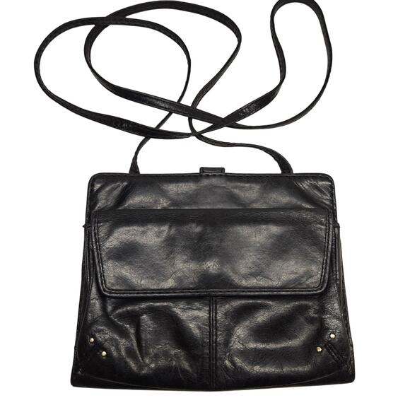 Vintage HOBO Y2K Black Leather Crossbody Organizer Minimalist Wallet-on-a Strap - Picture 1 of 9